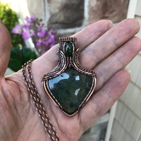 Prehnite & Jade Copper Pendant with Weaving