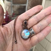 Rainbow moonstone & iolite copper wire wrapped necklace,  Artisan blue orange crystal pendant