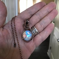 Rainbow moonstone & iolite copper wire wrapped necklace,  Artisan blue orange crystal pendant