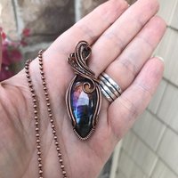 Purple rainbow labradorite wire wrapped copper necklace, Semiprecious spectrolite pendant