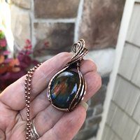 Rainbow labradorite copper wire wrapped pendant, Spectrolite gemstone purple blue crystal necklace