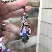 Purple rainbow labradorite wire wrapped copper necklace, Semiprecious spectrolite pendant