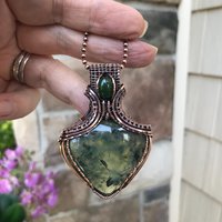 Prehnite & Jade Copper Pendant with Weaving