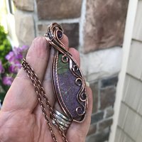 Stichtite & Amethyst Slender Oval Swirly Copper Pendant
