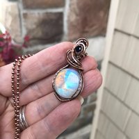 Rainbow moonstone & iolite copper wire wrapped necklace,  Artisan blue orange crystal pendant