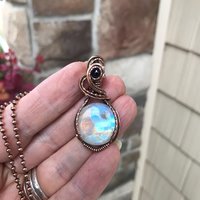 Rainbow moonstone & iolite copper wire wrapped necklace,  Artisan blue orange crystal pendant