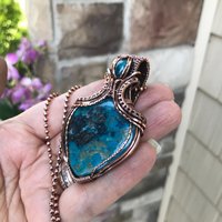 SOLD - Turquoise and apatite copper wire wrapped pendant, Blue teal crystal artisan necklace
