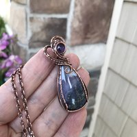 Moss Agate Chalcedony & Amethyst Copper Necklace