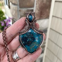 SOLD - Turquoise and apatite copper wire wrapped pendant, Blue teal crystal artisan necklace