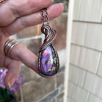 Pink  purple labradorite wire wrapped copper necklace, Spectrolite rainbow crystal pendant