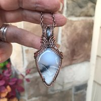 SOLD - Dendritic Opal  & Gray Moonstone Copper Pendant with Weaving