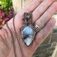 SOLD - Dendritic Opal  & Gray Moonstone Copper Pendant with Weaving