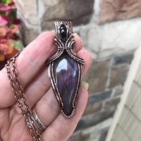 SOLD - Purple Maroon Labradorite & Garnet Copper Pendant with Weaving