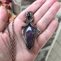 SOLD - Purple Maroon Labradorite & Garnet Copper Pendant with Weaving