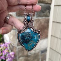 SOLD - Turquoise and apatite copper wire wrapped pendant, Blue teal crystal artisan necklace