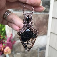 Petrified Palm Wood & Garnet Copper Pendant with Weaving