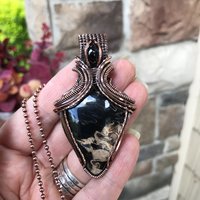 Petrified Palm Wood & Garnet Copper Pendant with Weaving