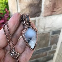 SOLD - Dendritic Opal  & Gray Moonstone Copper Pendant with Weaving