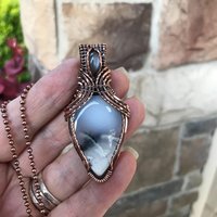 SOLD - Dendritic Opal  & Gray Moonstone Copper Pendant with Weaving