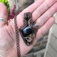 Petrified Palm Wood & Garnet Copper Pendant with Weaving