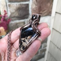 Petrified Palm Wood & Garnet Copper Pendant with Weaving