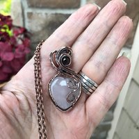 Rose Quartz & Garnet Swirly Heart Copper Necklace