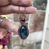 Moss Agate & Garnet Oval Copper Necklace