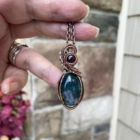 Moss Agate & Garnet Oval Copper Necklace
