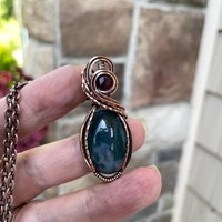 Moss Agate & Garnet Oval Copper Necklace