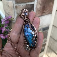 Blue Labradorite & Moonstone Slender Swirly Copper Necklace