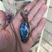 Blue Labradorite & Moonstone Slender Swirly Copper Necklace