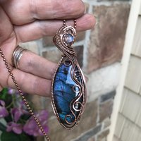 Blue Labradorite & Moonstone Slender Swirly Copper Necklace