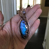 Blue Labradorite & Moonstone Slender Swirly Copper Necklace