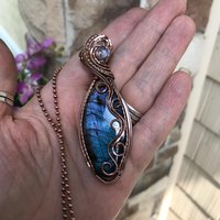 Blue Labradorite & Moonstone Slender Swirly Copper Necklace