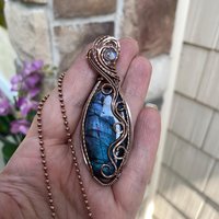 Blue Labradorite & Moonstone Slender Swirly Copper Necklace