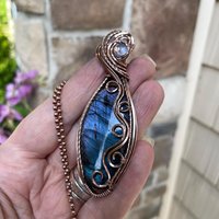 Blue Labradorite & Moonstone Slender Swirly Copper Necklace