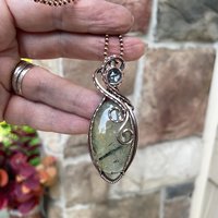 Prehnite & Prasiolite Swirly Oval Copper Pendant