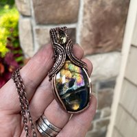SOLD - Yellow Orange Labradorite & Lemon Quartz Copper Pendant with Weaving