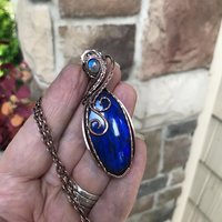 Electric Blue Labradorite & Moonstone Oval Copper Pendant
