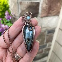 Slate Blue Labradorite & Moonstone Slender Copper Pendant