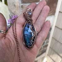 Blue Labradorite & Moonstone Slender Swirly Copper Necklace