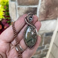 Prehnite & Prasiolite Swirly Oval Copper Pendant