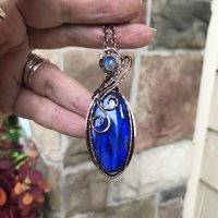 Electric Blue Labradorite & Moonstone Oval Copper Pendant