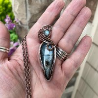 Slate Blue Labradorite & Moonstone Slender Copper Pendant