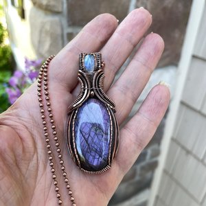 Purple Labradorite & Moonstone Oval Pendant with Weaving