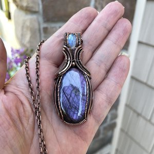 Purple Labradorite & Moonstone Oval Pendant with Weaving