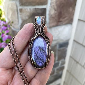 Purple Labradorite & Moonstone Oval Pendant with Weaving