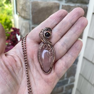 Rose Quartz & Garnet Swirly Heart Copper Necklace