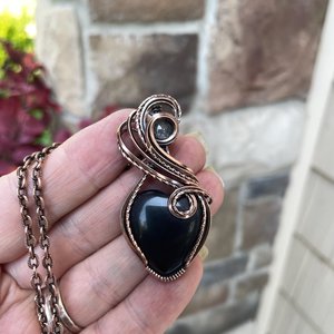 Obsidian Rutile Quartz Heart Copper Pendant