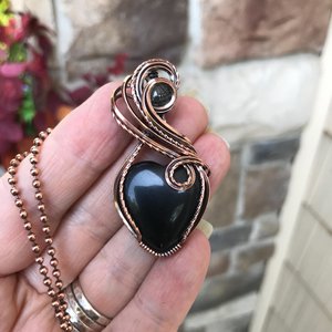 Obsidian Rutile Quartz Heart Copper Pendant